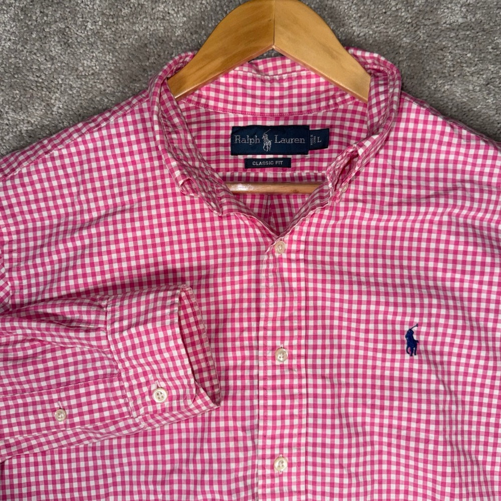 Ralph Lauren Men's L Classic Fit Pink Gingham Button Down Shirt Long Sleeve - Picture 1 of 11